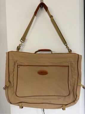 Ford x Eddie Bauer folding portable travel leather and khaki canvas garment bag
